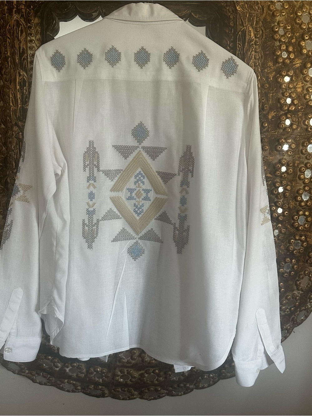 Stetson White Embroidered Geometric Button-Down Shirt